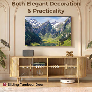 Easoger 65" Sliding Door TV Stand with Charging Station, Fluted Vertical Grille Wood Entertainment Center, Curved Oval Shape Storage Cabinet, Oak
