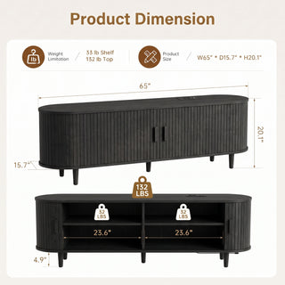 Easoger 65" Sliding Door TV Stand with Charging Station, Fluted Vertical Grille Wood Entertainment Center, Curved Oval Shape Storage Cabinet,Black