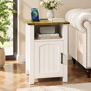 Easoger Farmhouse Nightstand with Charging Station, Modern End Tables with Drawer & Cabinet, USB & Type-C Ports, Wood Rustic Bedside Table for Bedroom, White + Walnut