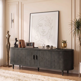 Easoger 65" Sliding Door TV Stand with Charging Station, Fluted Vertical Grille Wood Entertainment Center, Curved Oval Shape Storage Cabinet,Black