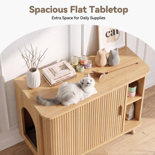 Easoger Cat Litter Cabinet Enclosure with Sliding Doors, Wooden Cat Furniture Cabinet with 2 Storage Shelves & Top Table, Kitty-Friendly Round Entry, Hide Messy,Oak