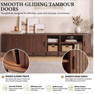 Easoger 90" Curved Oval Sliding Door TV Stand with Built-in Charging Station, Fits Up to 100 Inch TV , for Living Room Bedroom,Walnut