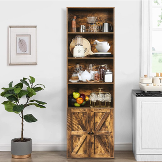Easoger 6-Tier Barn Door Bookshelf with Hidden Storage, Tall Narrow Bookcase with Magnetic Lock, 71" Freestanding Display Shelf for Living Room, Study, Bedroom（Brown single）