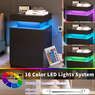 Easoger 17.7" Nightstand with Charging Station &amp; LED Lights, Modern Bedside Table with Sliding Top &amp; Hidden Storage, 2USB+2AC Outlets, Adjustable Shelf