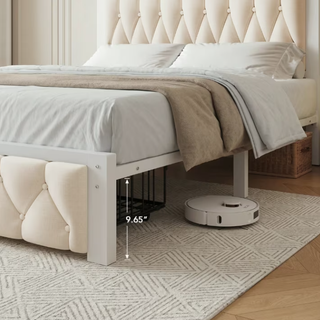 Easoger Full Size Upholstered Platform Bed Frame with 2 Storage Drawers, Charging Station, Noise-Free Metal Slat Support, No Box Spring Needed, Beige Linen