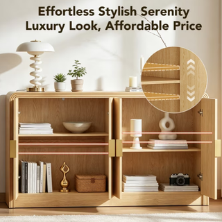 Easoger 55 Inch Fluted Buffet Sideboard Storage Cabinet, Oak Mid-Century Modern Credenza Console Table with Adjustable Shelves, Wavy Grain Doors, Anti-Tip for Dining Room, Living Room, Entryway