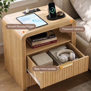 Easoger Set of 2 Fluted Nightstand with Charging Station, 19.7" Wide Bedside Table with USB & Type-C Ports, 2 Drawers & Open Shelf, Curved Oak End Table for Bedroom