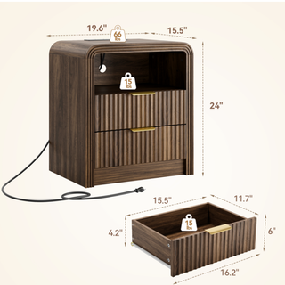 Easoger Set of 2 Fluted Nightstand with Charging Station, 19.6" Wide Bedside Table with USB & Type-C Ports, 2 Drawers & Open Shelf, Curved Walnut wood End Table for Bedroom