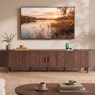 Easoger 90" Curved Oval Sliding Door TV Stand with Built-in Charging Station, Fits Up to 100 Inch TV , for Living Room Bedroom,Walnut