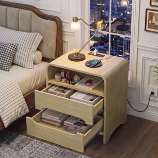 Easoger Nightstand Set of 2 with Drawers, Modern Minimalist Side Table with Storage Shelf, 19" End Table for Bedroom Living Room, Oak