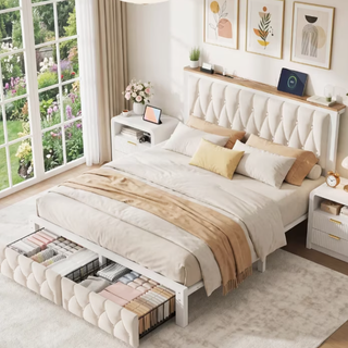 Easoger Full Size Upholstered Platform Bed Frame with 2 Storage Drawers, Charging Station, Noise-Free Metal Slat Support, No Box Spring Needed, Beige Linen