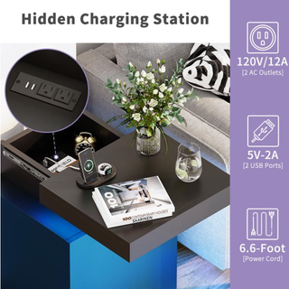 Easoger 17.7" Nightstand with Charging Station &amp; LED Lights, Modern Bedside Table with Sliding Top &amp; Hidden Storage, 2USB+2AC Outlets, Adjustable Shelf