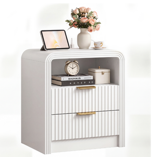 Easoger Set of 2 Fluted Nightstand with Charging Station, 19.7" Wide Bedside Table with USB & Type-C Ports, 2 Drawers & Open Shelf, Curved End Table for Bedroom