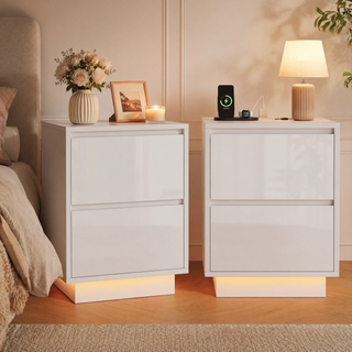 Easoger Nightstand Set of 2 with LED Lights, 2 Drawers & USB Ports, Modern End Tables for Bedroom Living Room, White