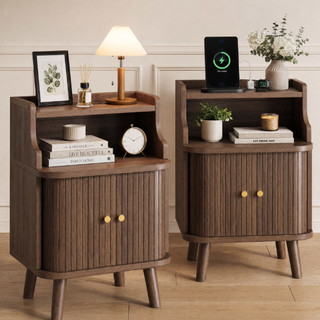 Easoger Fluted Nightstands with Charging Station, Mid-Century Modern Walnut Bedside Tables with Tambour Sliding Doors, Hidden Cabinet & Open Shelf, USB/Type-C Ports