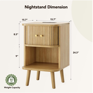 Easoger Set of 2 Fluted Oak Nightstands with Charging Station, Mid-Century Modern Bedside Tables with Sliding Tambour Doors, Storage Cabinet & Open Shelf for Bedroom