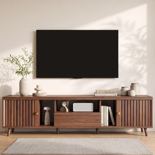 Easoger 70" TV Stand for TVs Up to 75", Modern Farmhouse Entertainment Center with 2 Doors & Open Storage, Walnut Finish with Lattice Door Design, Media Console
