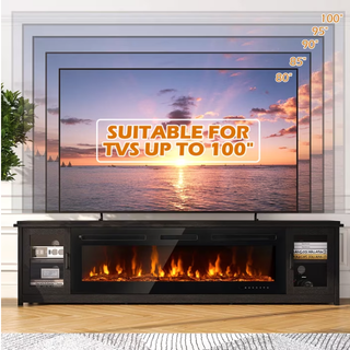 90" Electric Fireplace TV Stand, Alexa & Wi-Fi Controlled Entertainment Center with Glass Door Cabinets, Fits TV up to 100", 12 Flame Colors & 5 Brightness Levels, Black
