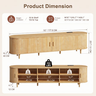 Easoger 70" Sliding Door TV Stand with Charging Station, Fluted Vertical Grille Wood Entertainment Center, Curved Oval Shape Storage Cabinet, Oak