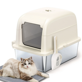 Large Stainless Steel Cat Litter Box with Scoop and Mat Set - Odor, Stain and Rust Resistant, Easy to Clean, White