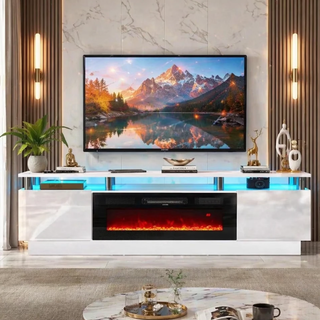 Oneinmil Fireplace TV Stand with 36” Electric Fireplace, Entertainment Center for TVs up to 90", LED Lights Entertainment Center, TV Console, White