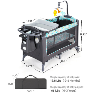 EVMORE Foldable Baby Bedside Bassinet, 5-in-1 Baby Bed Playard with Changing Table, Storage Shelf, Music for Newborn Toddlers, 0-36 Months