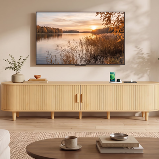 Easoger 90" Curved Oval Sliding Door TV Stand with Built-in Charging Station, Fits Up to 100 Inch TV , for Living Room Bedroom,Oak