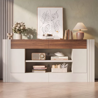 Easoger 70" Farmhouse TV Stand, Entertainment Center for TVs up to 80", with Large Cabinets & Open Shelves, White