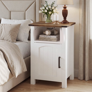 Easoger Farmhouse Nightstand with Charging Station, Modern End Tables with Drawer & Cabinet, USB & Type-C Ports, Wood Rustic Bedside Table for Bedroom, White + Walnut