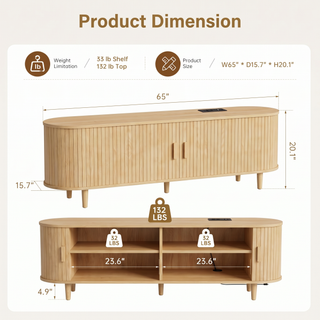 Easoger 65" Sliding Door TV Stand with Charging Station, Fluted Vertical Grille Wood Entertainment Center, Curved Oval Shape Storage Cabinet, Oak