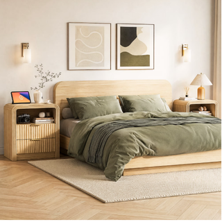 Easoger Fluted Nightstand with Charging Station, 19.7" Wide Bedside Table with USB & Type-C Ports, 2 Drawers & Open Shelf, Curved Oak End Table for Bedroom