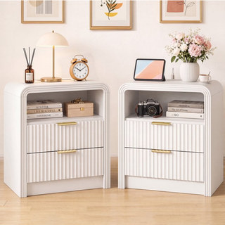 Easoger Set of 2 Fluted Nightstand with Charging Station, 19.7" Wide Bedside Table with USB & Type-C Ports, 2 Drawers & Open Shelf, Curved End Table for Bedroom