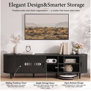 Easoger 70" Sliding Door TV Stand with Charging Station, Fluted Vertical Grille Wood Entertainment Center, Curved Oval Shape Storage Cabinet,Black