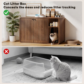 Easoger Cat Litter Box Enclosure with Side Entry, Wooden Litter Box Cabinet with Arched Door & Ventilation, Multifunctional End Table for Living Room, Bedroom, Brown