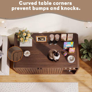 Easoger Cat Litter Box Enclosure with Side Entry, Wooden Litter Box Cabinet with Arched Door & Ventilation, Multifunctional End Table for Living Room, Bedroom, Brown