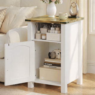 Easoger Farmhouse Nightstand with Charging Station, Modern End Tables with Drawer & Cabinet, USB & Type-C Ports, Wood Rustic Bedside Table for Bedroom, White + Walnut