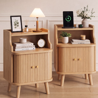 Easoger Fluted Nightstands with Charging Station, Mid-Century Modern Oak Bedside Tables with Tambour Sliding Doors, Hidden Cabinet & Open Shelf, USB/Type-C Ports