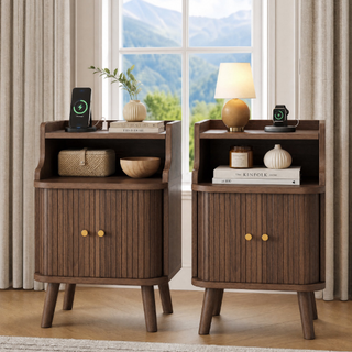 Easoger Fluted Nightstands with Charging Station, Mid-Century Modern Walnut Bedside Tables with Tambour Sliding Doors, Hidden Cabinet & Open Shelf, USB/Type-C Ports