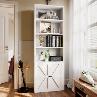 Easoger 6-Tier Barn Door Bookshelf with Hidden Storage, Tall Narrow Bookcase with Magnetic Lock, 71" Freestanding Display Shelf for Living Room, Study, Bedroom（White single）