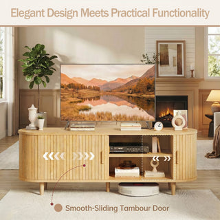 Easoger 58" Sliding Door TV Stand with Charging Station, Fluted Vertical Grille Wood Entertainment Center, Curved Oval Shape Storage Cabinet,Oak