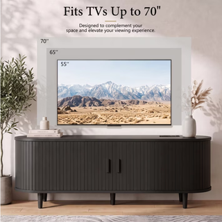 Easoger 65" Sliding Door TV Stand with Charging Station, Fluted Vertical Grille Wood Entertainment Center, Curved Oval Shape Storage Cabinet,Black