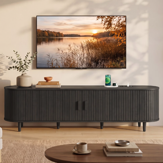 Easoger 70" Sliding Door TV Stand with Charging Station, Fluted Vertical Grille Wood Entertainment Center, Curved Oval Shape Storage Cabinet,Black