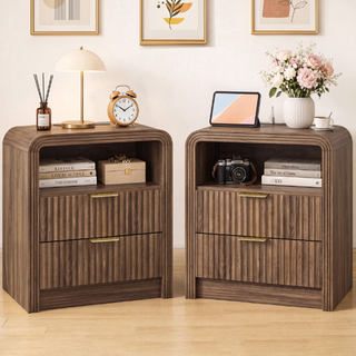 Easoger Set of 2 Fluted Nightstand with Charging Station, 19.6" Wide Bedside Table with USB & Type-C Ports, 2 Drawers & Open Shelf, Curved Walnut wood End Table for Bedroom