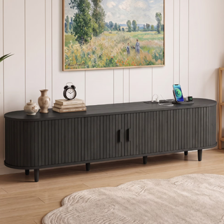 Easoger 70" Sliding Door TV Stand with Charging Station, Fluted Vertical Grille Wood Entertainment Center, Curved Oval Shape Storage Cabinet,Black