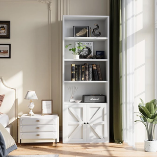 Easoger 6-Tier Barn Door Bookshelf with Hidden Storage, Tall Narrow Bookcase with Magnetic Lock, 71" Freestanding Display Shelf for Living Room, Study, Bedroom（White single）