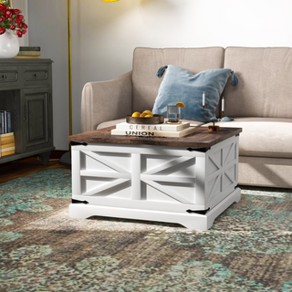 Easoger Farmhouse Coffee Table, Square Wood Center Table with Large Storage Space, Metal Corners for Living Room, White