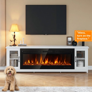 80" Electric Fireplace TV Stand, Alexa & Wi-Fi Controlled Entertainment Center with Glass Door Cabinets, Fits TV up to 90", 12 Flame Colors & 5 Brightness Levels, White
