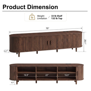 Easoger 70" Sliding Door TV Stand with Charging Station, Fluted Vertical Grille Wood Entertainment Center, Curved Oval Shape Storage Cabinet,Brown