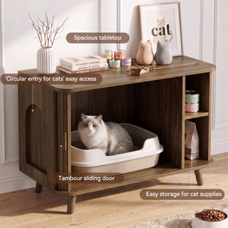 Cat Litter Box Enclosure with Sliding Doors, Wooden Cat Furniture Cabinet with 2 Storage Shelves & Top Table, Kitty-Friendly Round Entry, Hide Messy,Walnut