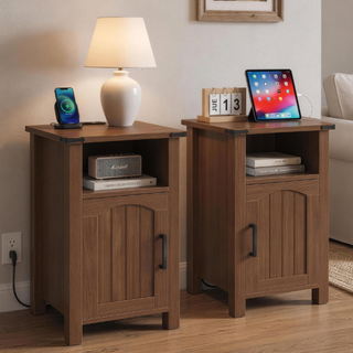 Easoger Set of 2 Farmhouse Nightstand with Charging Station, Modern End Tables with Drawer & Cabinet, USB & Type-C Ports, Wood Rustic Bedside Table for Bedroom, Walnut